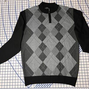Sahara Club Men’s Sweater Size XL, Black, Gray Argyle Pattern, Zipper Pullover